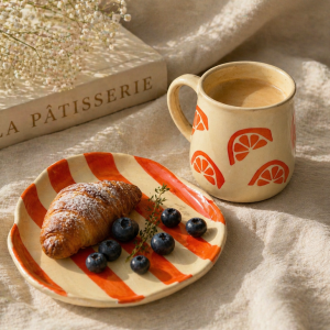 Hand-Painted Citrus Ceramic Mug & Plate Set