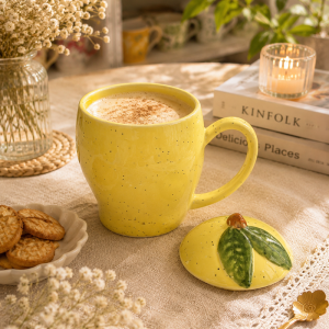 Lemon Yellow Speckled Ceramic Mug with Leaf Lid