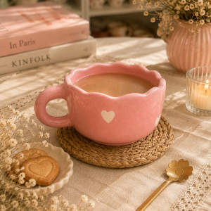 Pink Heart Ceramic Cup – Handcrafted Scalloped Mug