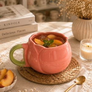 Pink Pumpkin Ceramic Mug with Green Handle | Cute Coffee Mug