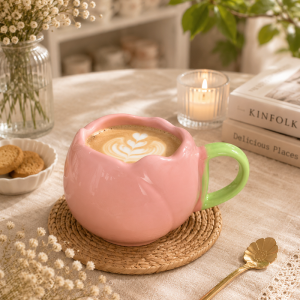Pink Pumpkin Ceramic Mug with Green Handle | Handmade Coffee Mug | 400 ml