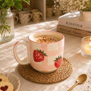 Strawberry Checkered Handpainted Ceramic Mug